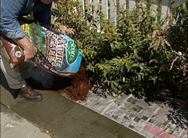 Man pouring mulch in flower bed