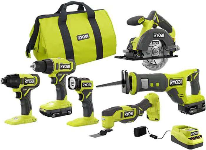 RYOBI ONE+ 18V Cordless 6-Tool Combo Kit with 1.5 Ah and 4.0 Ah Batteries and Charger